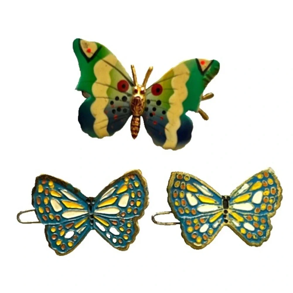 Vintage 70s Butterfly Hair Accessories Lot 3 Hairpins Barrettes Enamel Cloisonne